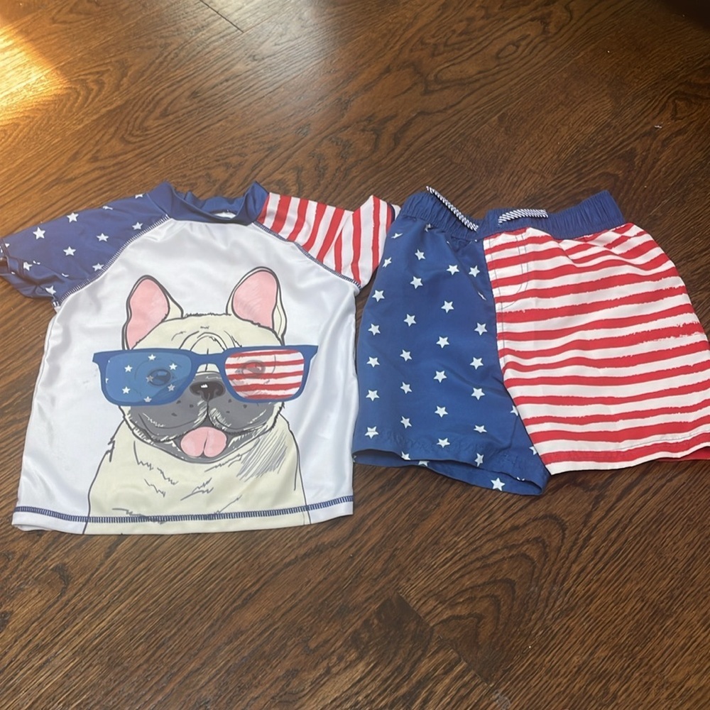 Beetle thread  American flag Frenchie  swimsuit, size 3T